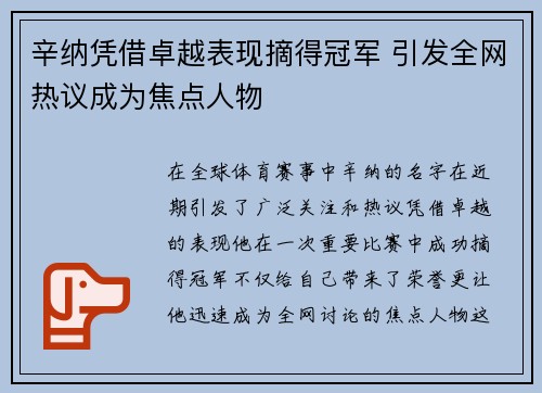 辛纳凭借卓越表现摘得冠军 引发全网热议成为焦点人物
