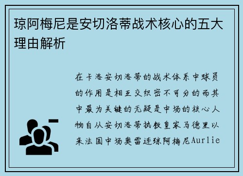 琼阿梅尼是安切洛蒂战术核心的五大理由解析