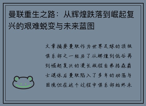 曼联重生之路：从辉煌跌落到崛起复兴的艰难蜕变与未来蓝图