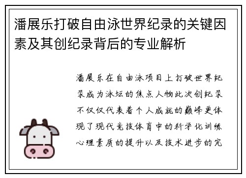 潘展乐打破自由泳世界纪录的关键因素及其创纪录背后的专业解析